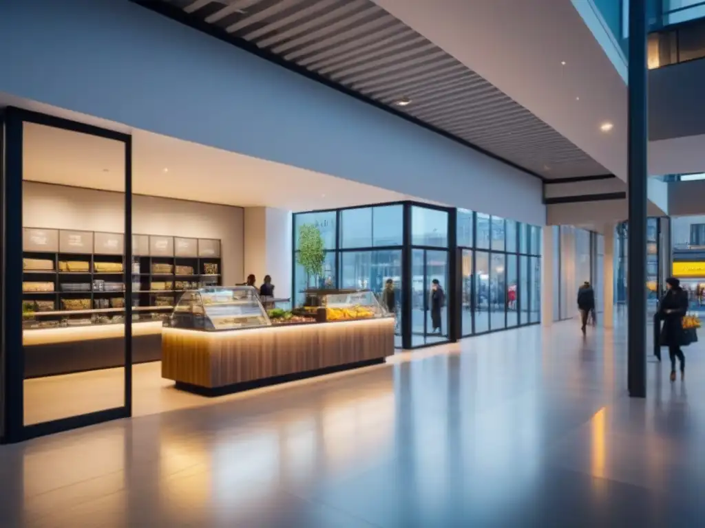 Espacio comercial moderno y vibrante con tiendas diversas y clientes activos Un espacio comercial vibrante y moderno con variedad de tiendas y clientes, reflejando sofisticación y vitalidad