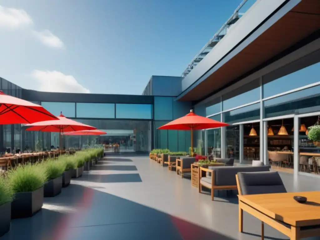 Centro comercial moderno y vibrante con diversidad de actividades Un espacio comercial vibrante y moderno con diversidad de tiendas y cafés, donde personas de distintos orígenes interactúan en un ambiente acogedor
