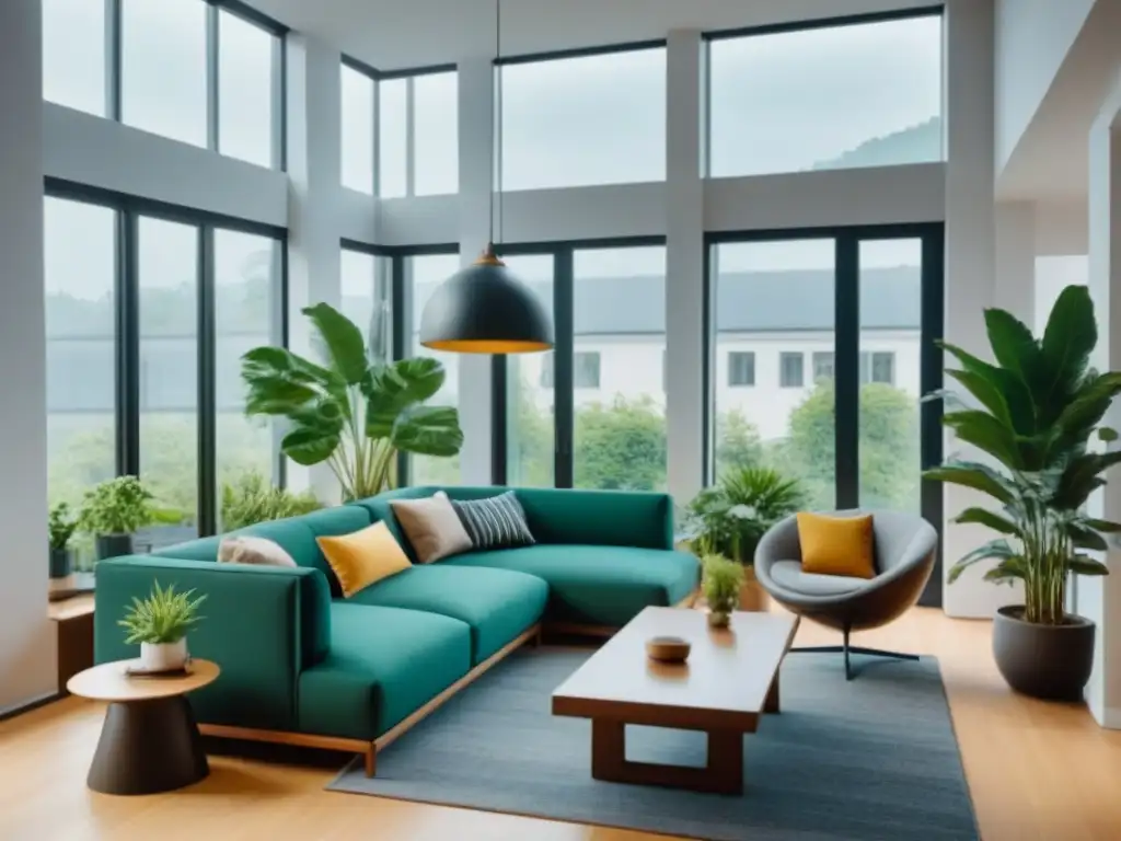 Espacio de coliving moderno: convivencia, colaboración y networking Un espacio de convivencia moderno con muebles minimalistas, plantas verdes y personas conversando