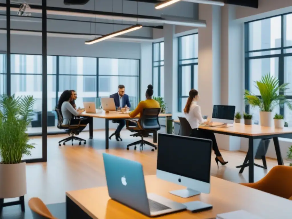 Espacio de coworking moderno y dinámico con profesionales colaborando en un ambiente creativo Un espacio de coworking dinámico y creativo con profesionales colaborando en un ambiente elegante y lleno de energía