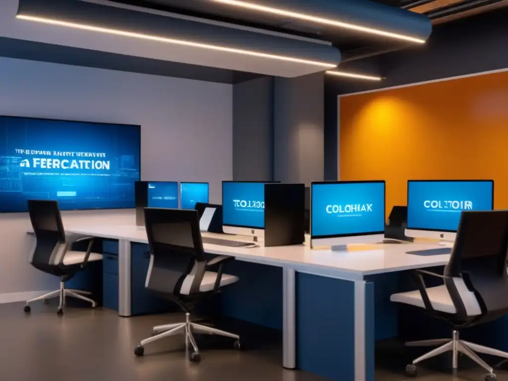 Espacio de coworking futurista con tecnología avanzada Un espacio de coworking futurista con tecnología avanzada integrada para gestión de espacio y herramientas colaborativas