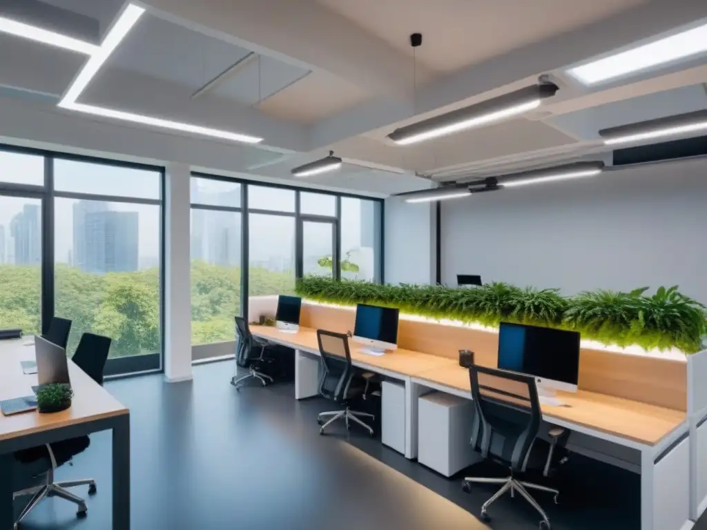 Oficina del futuro: Innovación y productividad en un espacio vanguardista Un espacio de coworking futurista con diseño innovador, tecnología de vanguardia y vegetación vibrante