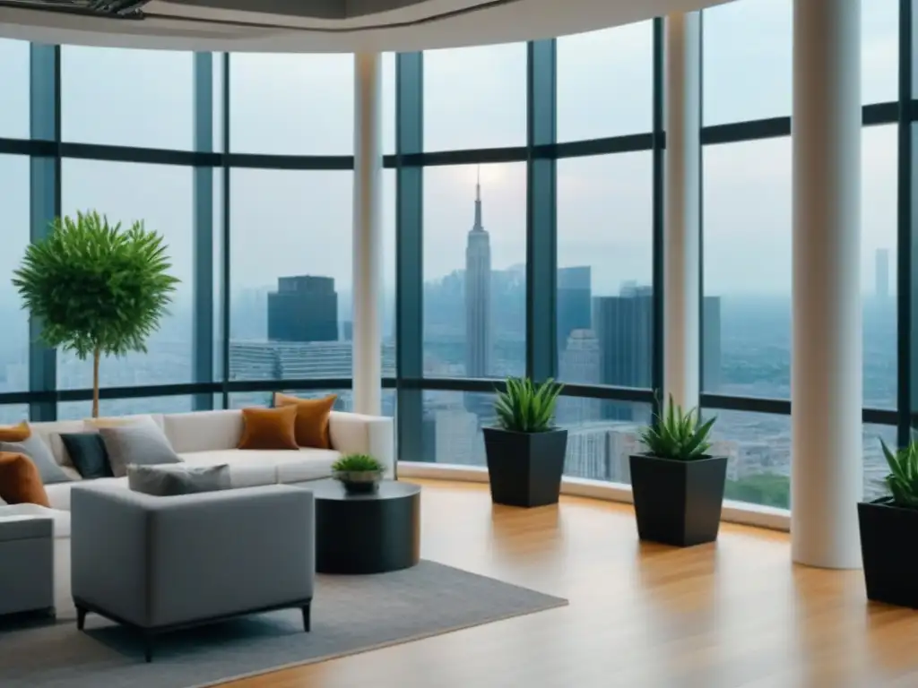 Espacio de coworking moderno en rascacielos: innovación y productividad Un espacio de coworking lujoso y moderno en un rascacielos con grandes ventanas de cristal con vistas a un bullicioso horizonte urbano