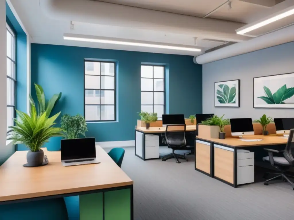 Espacio de coworking moderno y minimalista con diseño elegante y luminoso Espacio de coworking moderno y acogedor, con diseño minimalista y luminoso