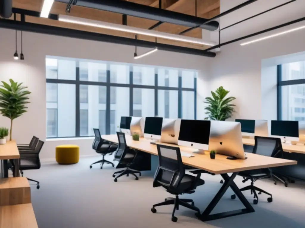 Espacio de coworking moderno y colaborativo: productividad e innovación Un espacio de coworking moderno y elegante donde profesionales colaboran en estaciones de trabajo compartidas, mientras otros participan en una sesión de lluvia de ideas en una acogedora sala de reuniones bien iluminada
