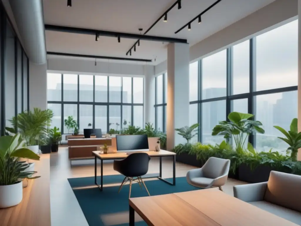 Espacio de coworking moderno en 8k: Minimalismo, luz natural y creatividad Un espacio de coworking moderno y luminoso con muebles minimalistas en tonos neutros