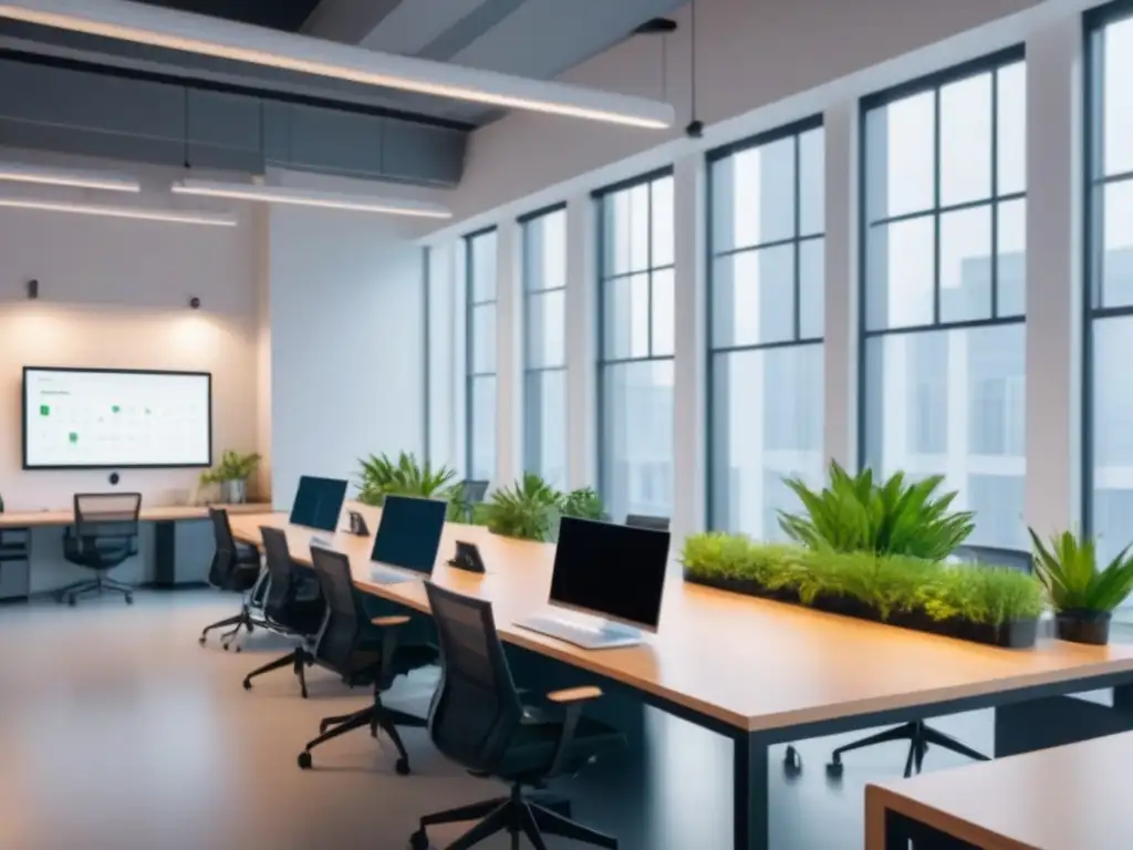 Espacio de coworking moderno y colaborativo con tecnología de vanguardia Un espacio de coworking moderno con tecnología y colaboración entre profesionales en un ambiente productivo