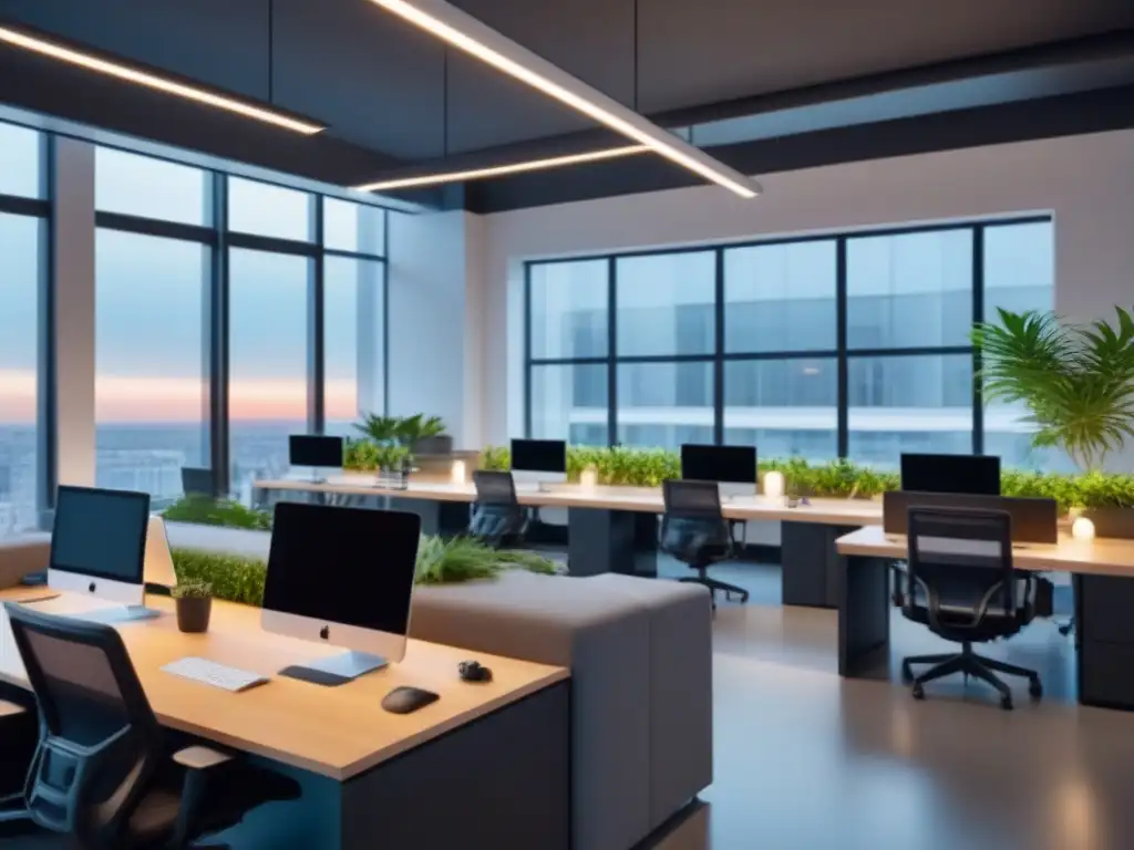Espacio de coworking moderno y colaborativo con tecnología de vanguardia Un espacio de coworking moderno y tecnológico con profesionales colaborando en elegantes estaciones de trabajo