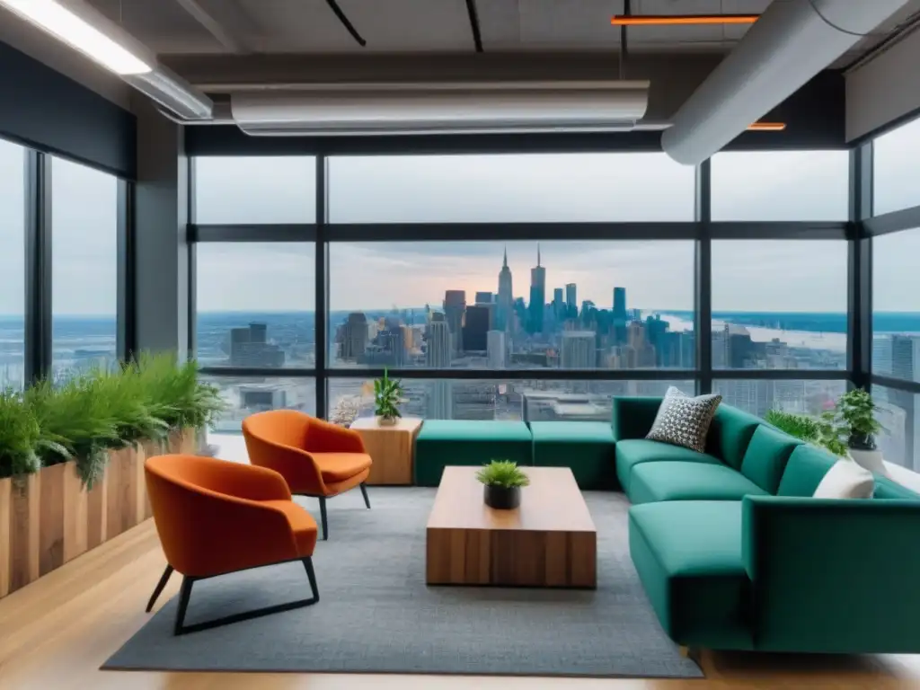 Espacio de coworking moderno y vibrante en la ciudad Un espacio de coworking moderno con vista a la ciudad, muebles elegantes y plantas verdes, ideal para inversores en coworking y coliving