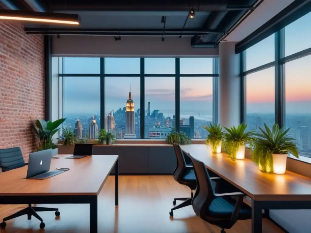 Espacio de coworking inspirador en ambiente urbano al atardecer Un espacio de coworking vibrante con profesionales colaborando en estaciones de trabajo minimalistas bajo una iluminación ambiental suave