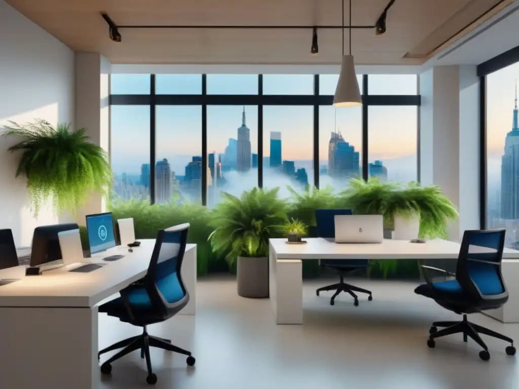 Espacio de coworking vibrante y colaborativo en la ciudad Un espacio de coworking vibrante con profesionales diversos colaborando bajo un dosel de vegetación, creando una atmósfera cálida e invitadora