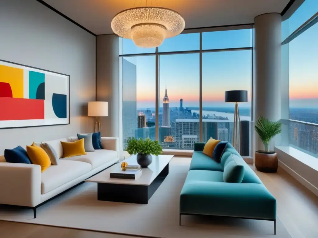 Salón de lujo con arte contemporáneo en apartamento moderno Espacio de diseño inmobiliario con arte emocional en un lujoso apartamento de altura, lleno de sofisticación y elegancia