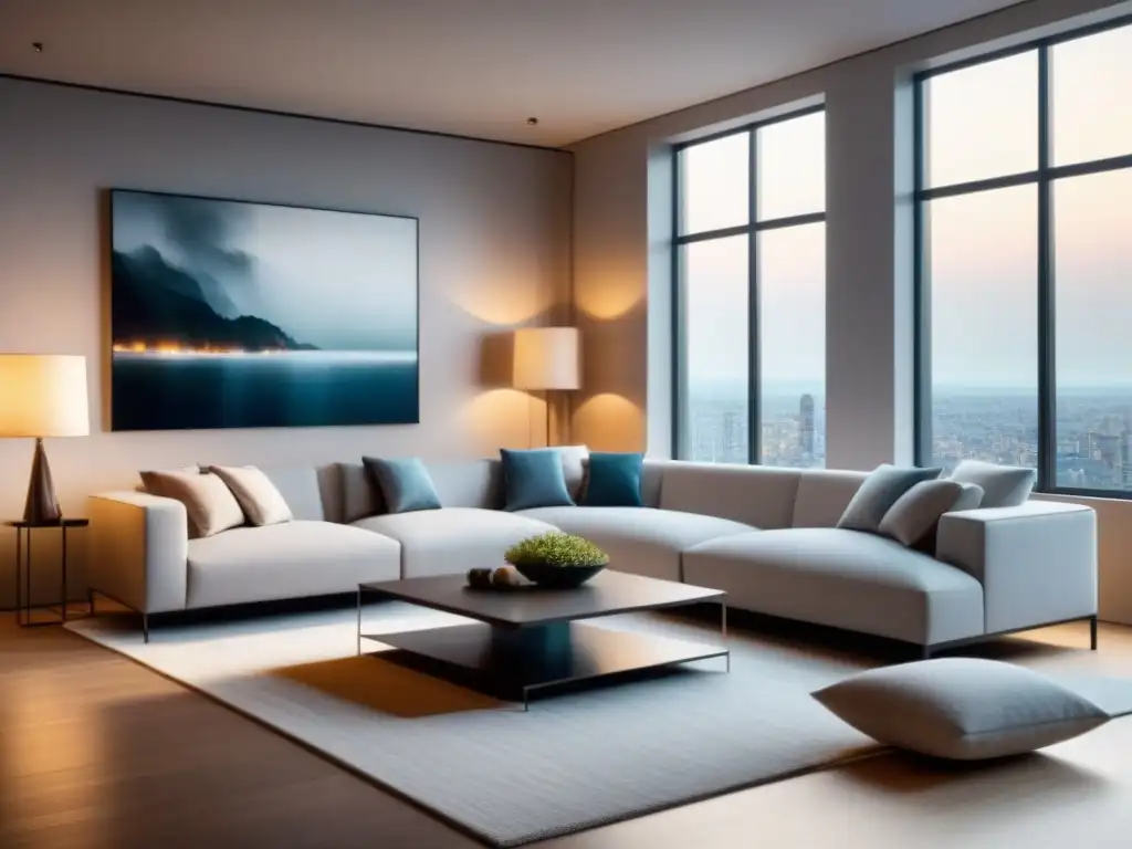 Salón contemporáneo: minimalismo, arte abstracto y serenidad Un espacio de diseño inmobiliario con muebles minimalistas, arte abstracto y tonos neutros, bañado por luz natural