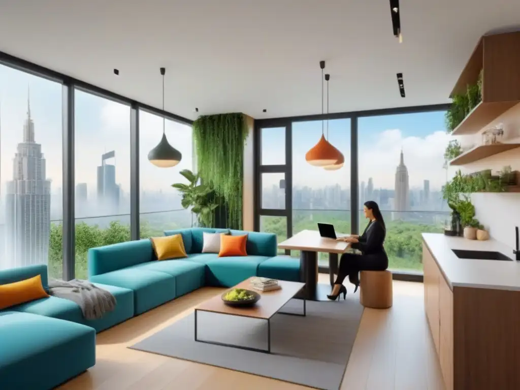 Coliving futurista con diseño minimalista y vistas urbanas Espacio de coliving futurista con diseño minimalista, áreas comunes acogedoras y vistas a la ciudad