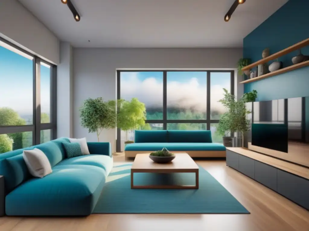 Coliving futurista: diseño minimalista y tecnología inteligente Un espacio de coliving futurista con diseño minimalista y tecnología inteligente integrada, promoviendo interacción comunitaria y bienestar