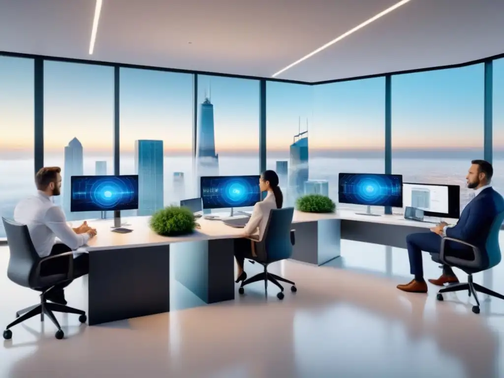 Oficina Futurista de Bienes Raíces con IA y Profesionales Multiculturales Un espacio futurista de oficina inmobiliaria con tecnología AI, profesionales y diseño minimalista