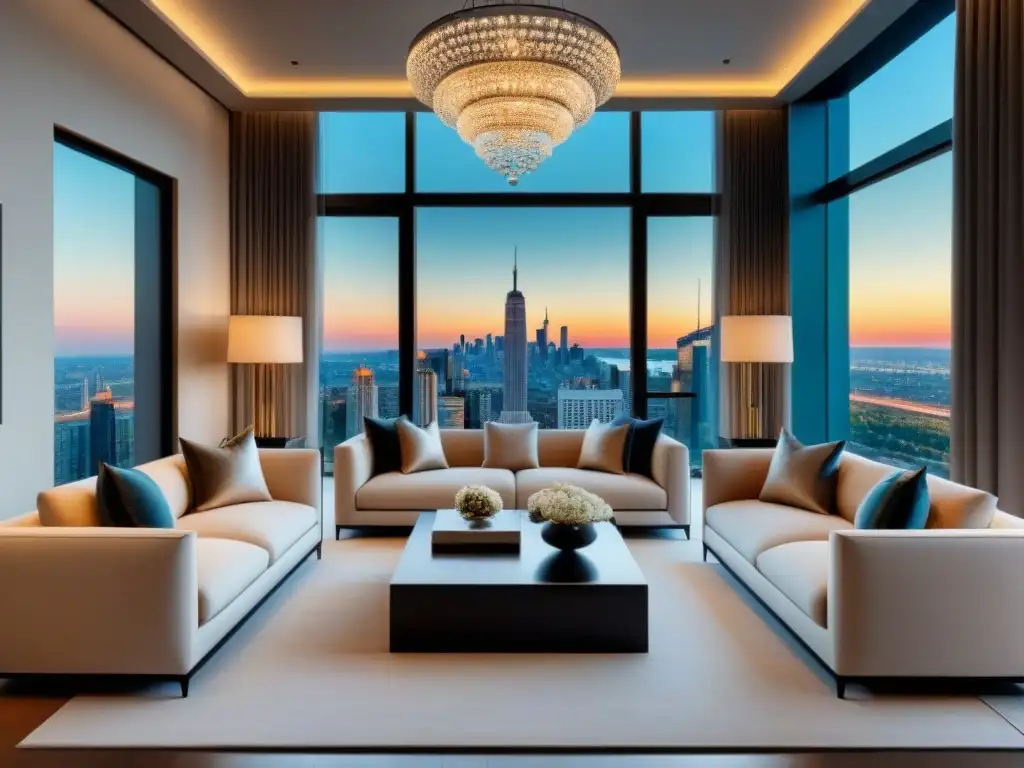 Salón de lujo moderno con vista panorámica urbana Espacio de lujo con mobiliario contemporáneo, vista panorámica y ambiente cálido