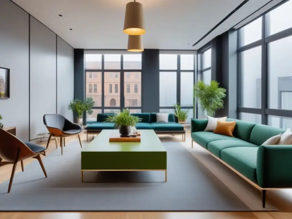 Coliving de lujo: espacio moderno para profesionales innovadores Un espacio de coliving lujoso y moderno con diseño elegante, plantas verdes vibrantes y áreas comunes amplias