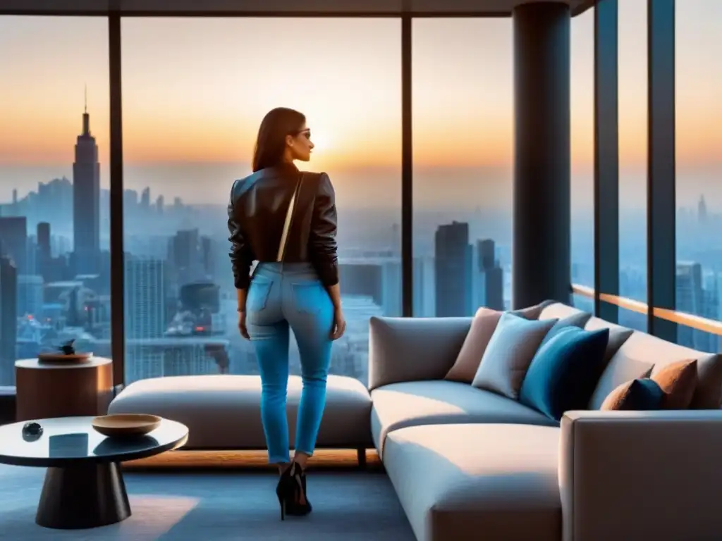 Penthouse de lujo con vista a la ciudad al atardecer Espacio moderno de lujo con vista urbana al atardecer