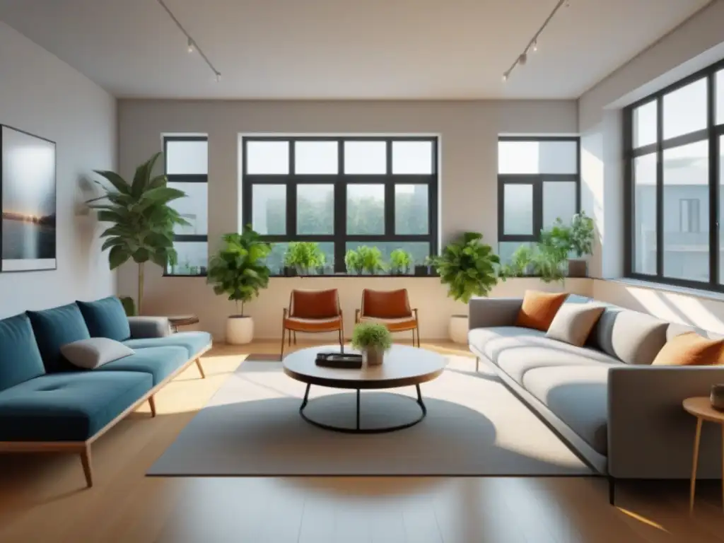 Espacio de coliving moderno y comunitario con estilo y plantas verdes Un espacio coliving moderno y vibrante con jóvenes profesionales colaborando, reflejando la tendencia inmobiliaria del coliving