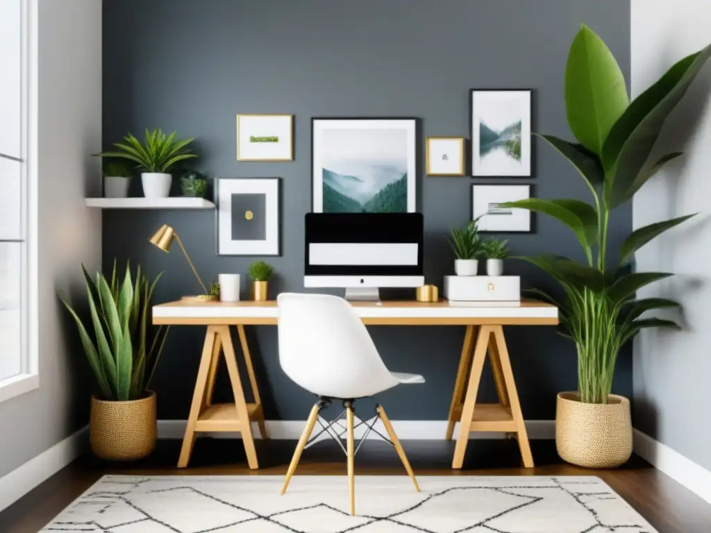 Un espacio de oficina en casa moderno y elegante con mobiliario minimalista y toques dorados, perfecto para un diseño de propiedades