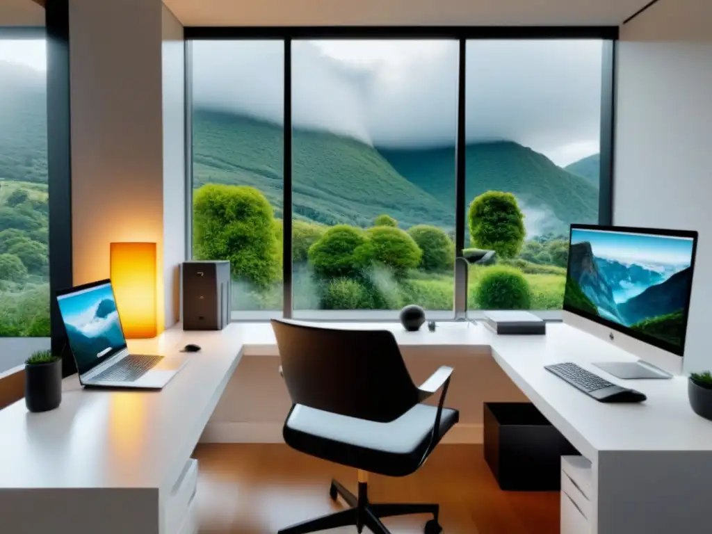 Espacio de oficina en casa con diseño de propiedades: minimalista, elegante y funcional, bañado en luz natural y con vista al jardín