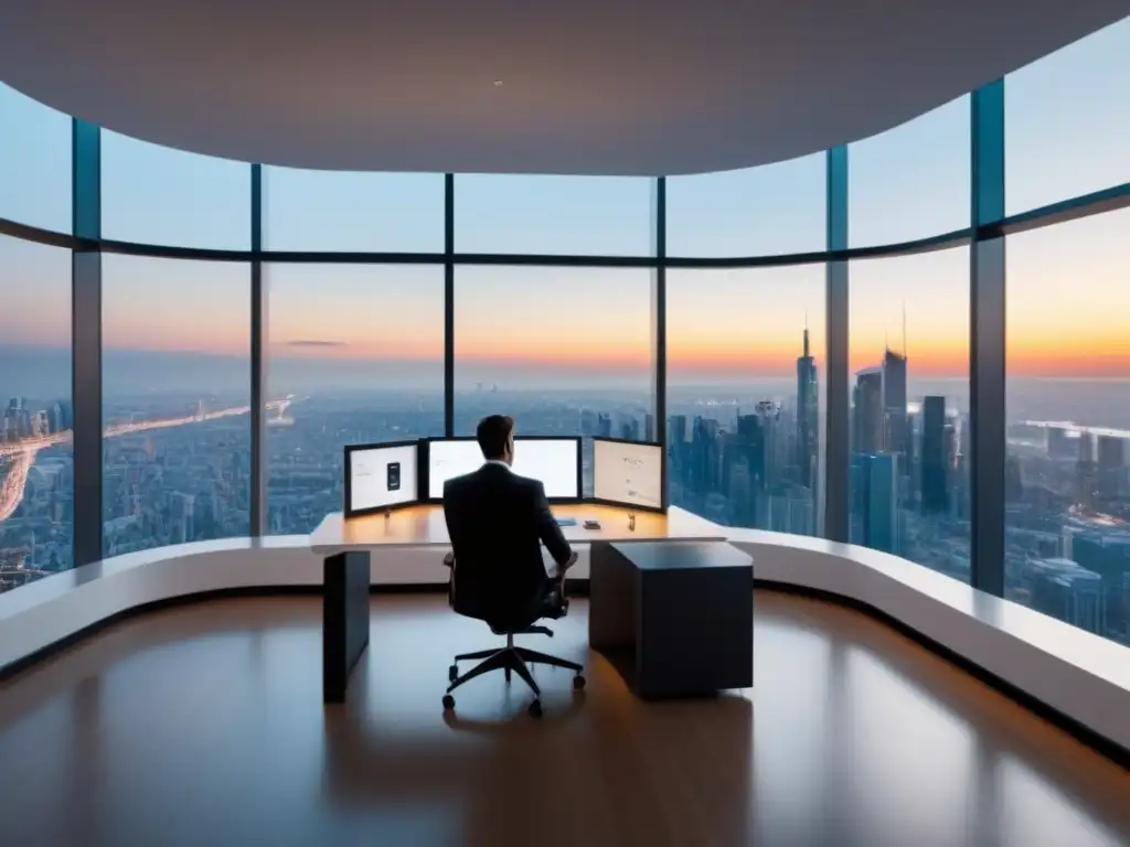Oficina futurista con automatización avanzada en rascacielos Un espacio de oficina futurista con automatización en bienes raíces innovadora, en un rascacielos con vista a la ciudad