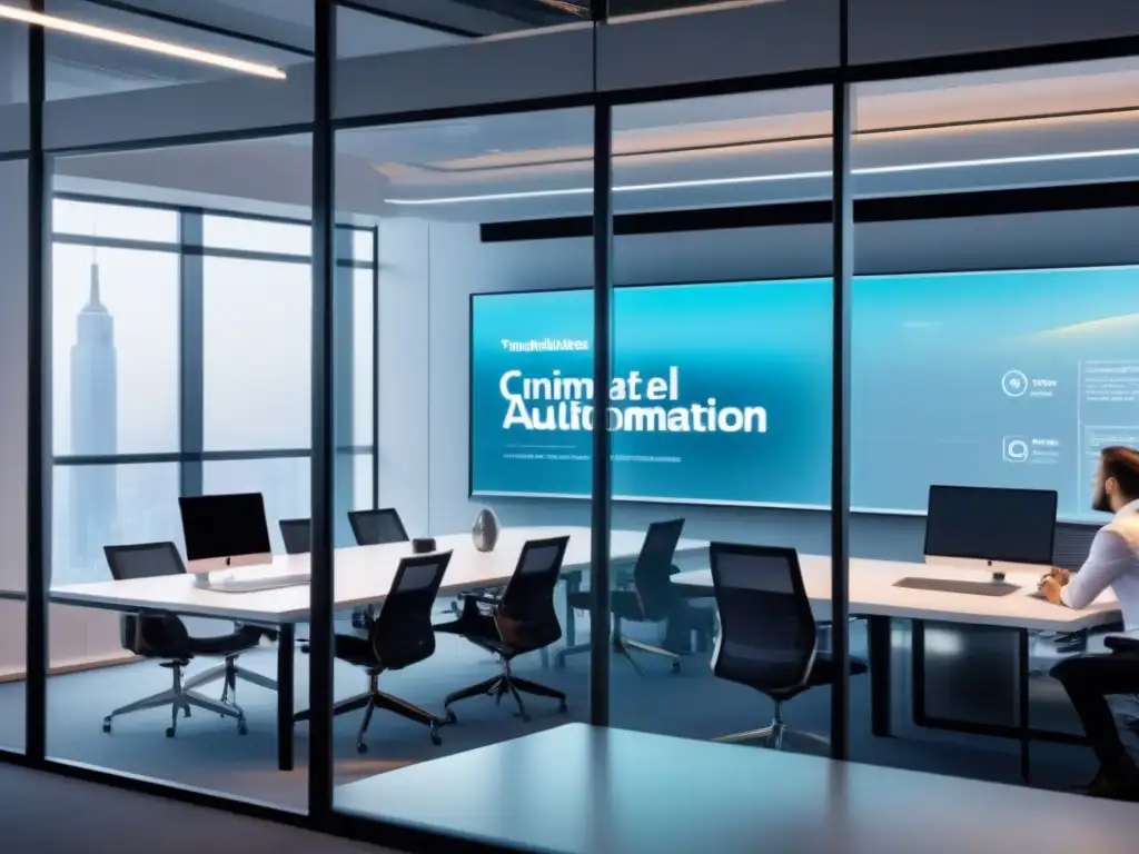 Oficina futurista: Automatización en el sector inmobiliario Un espacio de oficina futurista con profesionales colaborando y tecnología de vanguardia