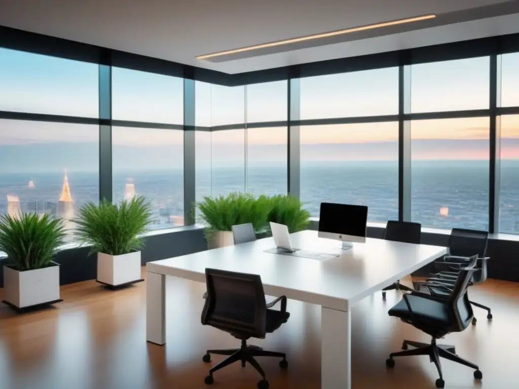 Oficina futurista con tecnología integrada y vista panorámica de la ciudad Un espacio de oficina futurista y sofisticado con tecnología integrada, bañado en luz natural y con vista panorámica a la ciudad