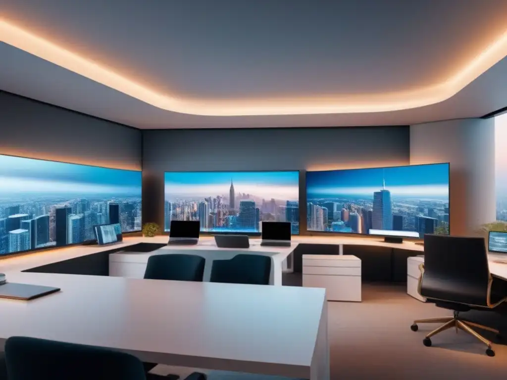 Oficina inmobiliaria futurista con IA y diseño minimalista Un espacio de oficina futurista con tecnología de Inteligencia Artificial en Bienes Raíces, con diseño minimalista y sofisticado