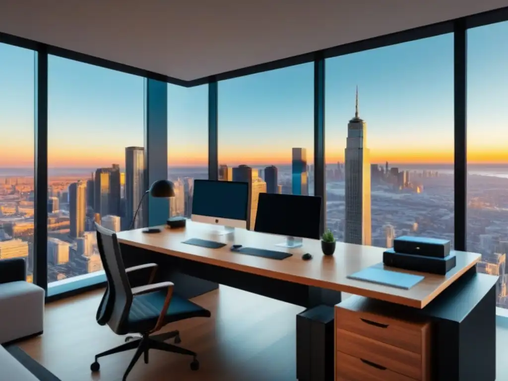 Oficina de lujo con vista panorámica para inversores inmobiliarios Un espacio de oficina moderno y elegante con vista a la ciudad, ideal para calcular valor neto inversión inmobiliaria