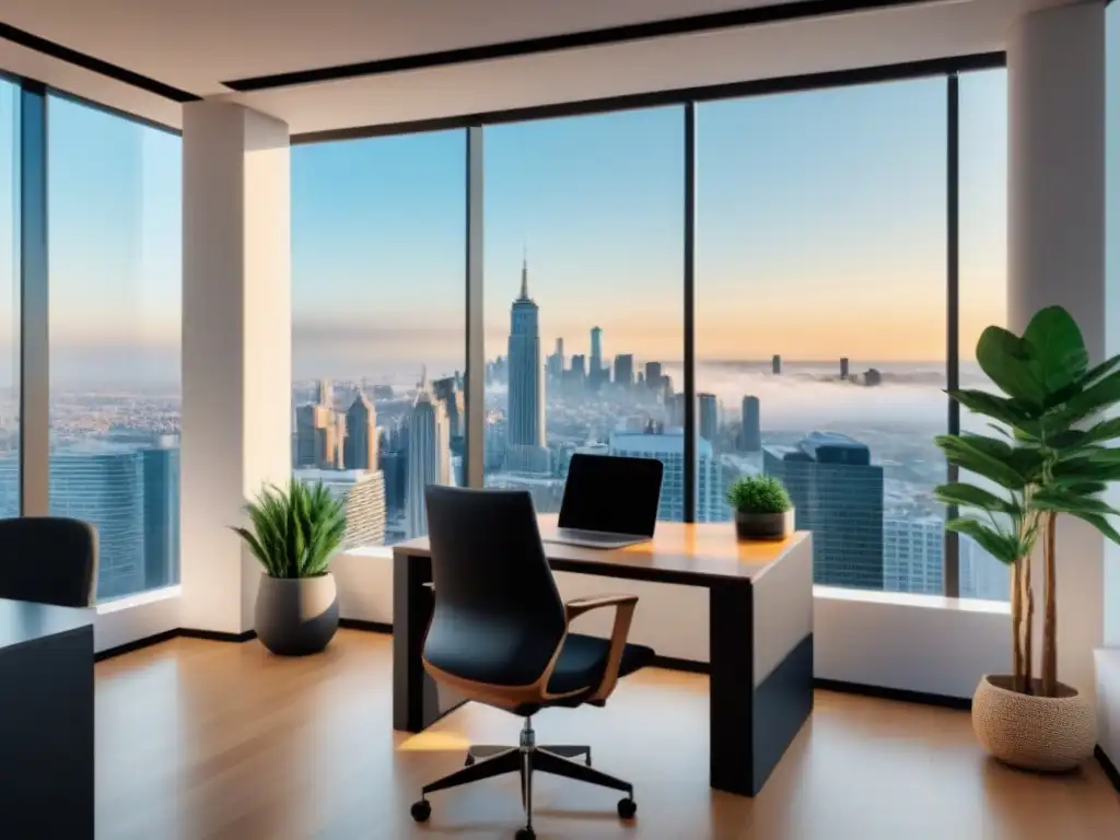 Oficina moderna con vista panorámica y diseño elegante Un espacio de oficina moderno y elegante con vista a la ciudad, ideal para evaluación de activos inmobiliarios con herramientas