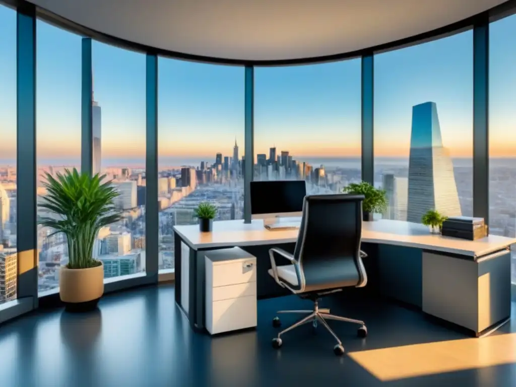 Oficina moderna con vistas a la ciudad: eficiencia y sofisticación Un espacio de oficina moderno y elegante con vistas a la ciudad