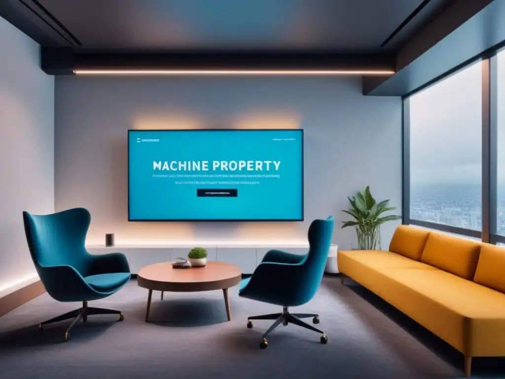 Oficina futurista con pantalla digital interactiva y recomendaciones personalizadas de propiedades Un espacio de oficina moderno y elegante con pantalla digital interactiva mostrando recomendaciones personalizadas de propiedades