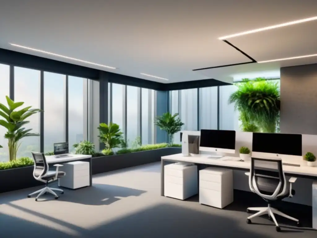Oficina biófila de diseño moderno: bienestar y tecnología Un espacio de oficina moderno con elementos biófilos, certificaciones WELL para inmobiliarias
