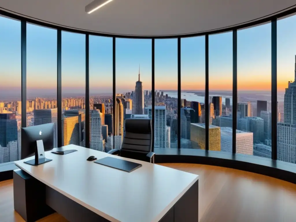 Oficina inmobiliaria de lujo con vista panorámica a la ciudad en 8k Un espacio de oficina moderno y lujoso con vista a la ciudad, donde profesionales colaboran innovando en redes sociales compra venta inmuebles