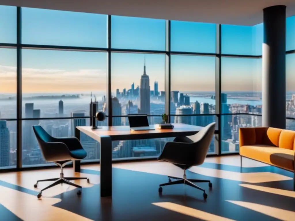 Oficina moderna con vista a la ciudad para reuniones financieras Espacio de oficina moderno con vista a la ciudad, ideal para estrategias de financiamiento e inversiones inmobiliarias