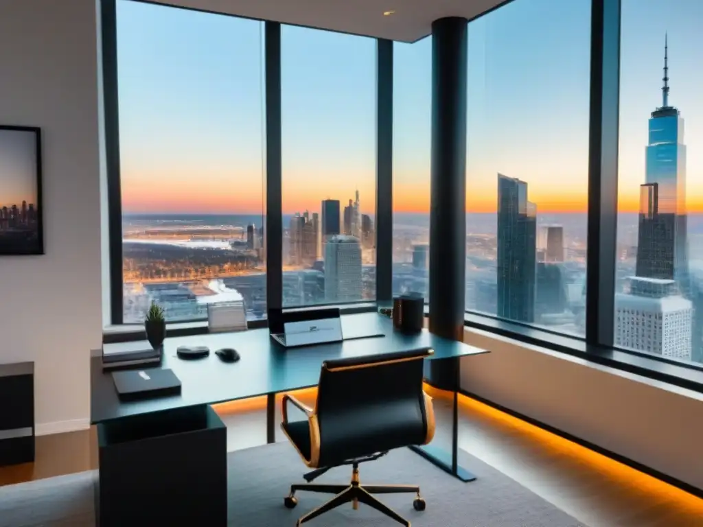 Oficina ejecutiva con vista panorámica Un espacio de oficina moderno con vista panorámica a la ciudad, mostrando una red de contactos inversión inmobiliaria