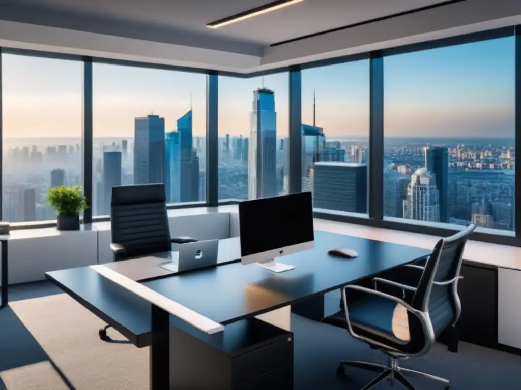 Oficina moderna con vista a la ciudad: eficiencia inmobiliaria Un espacio de oficina moderno con vista a la ciudad, simbolizando apalancamiento en bienes raíces