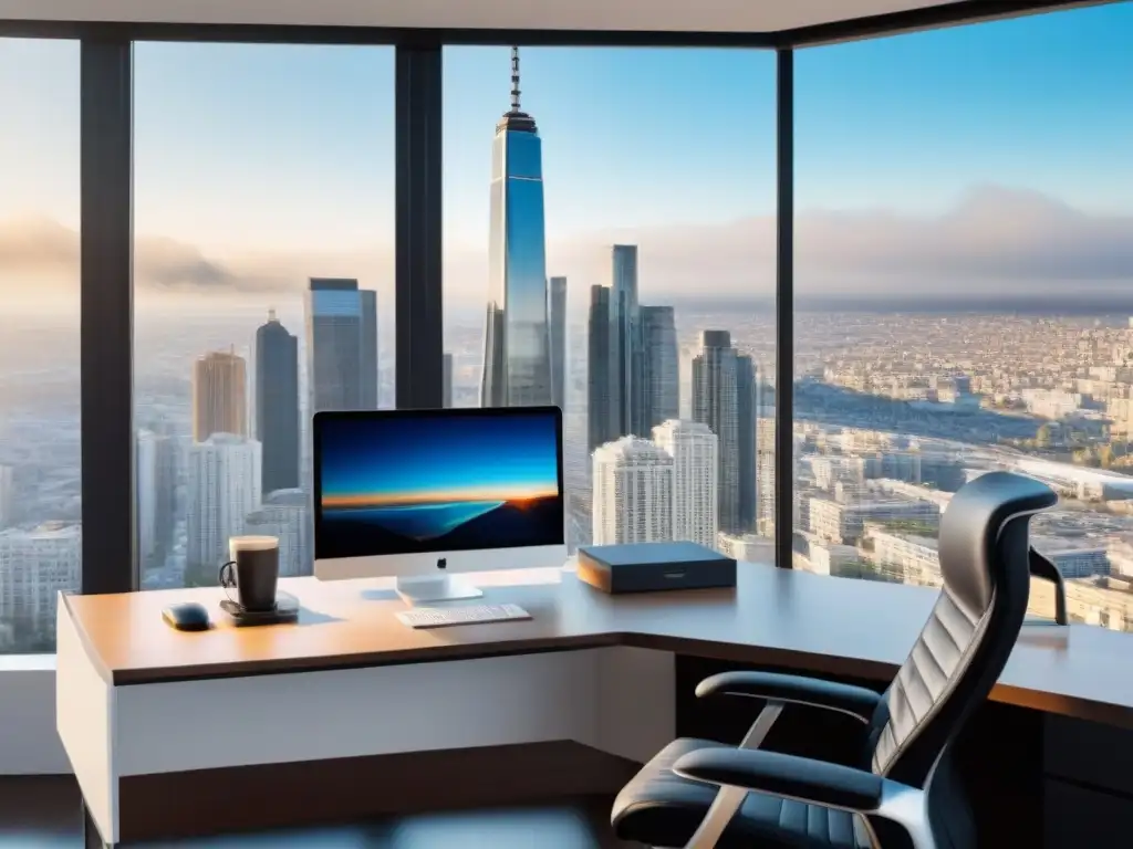 Oficina moderna con software inmobiliario innovador Un espacio de oficina moderno con vistas a la ciudad: computadora avanzada, silla ergonómica, papeles organizados y café