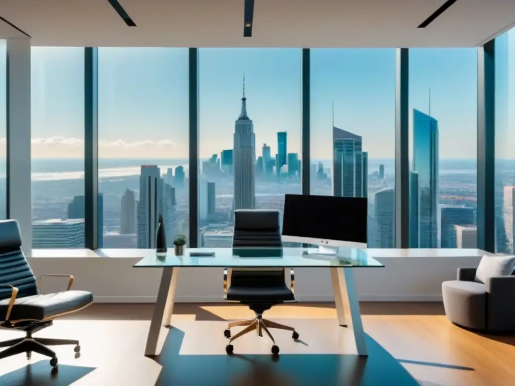 Oficina moderna con vista panorámica y mobiliario contemporáneo Un espacio de oficina moderno con vistas a la ciudad, ideal para calcular ROI en plataformas inmobiliarias