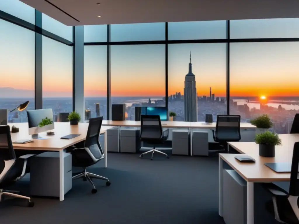 Oficina contemporánea en la ciudad: productividad y colaboración Un espacio de oficina vibrante y moderno con luz natural y una vista panorámica de la ciudad