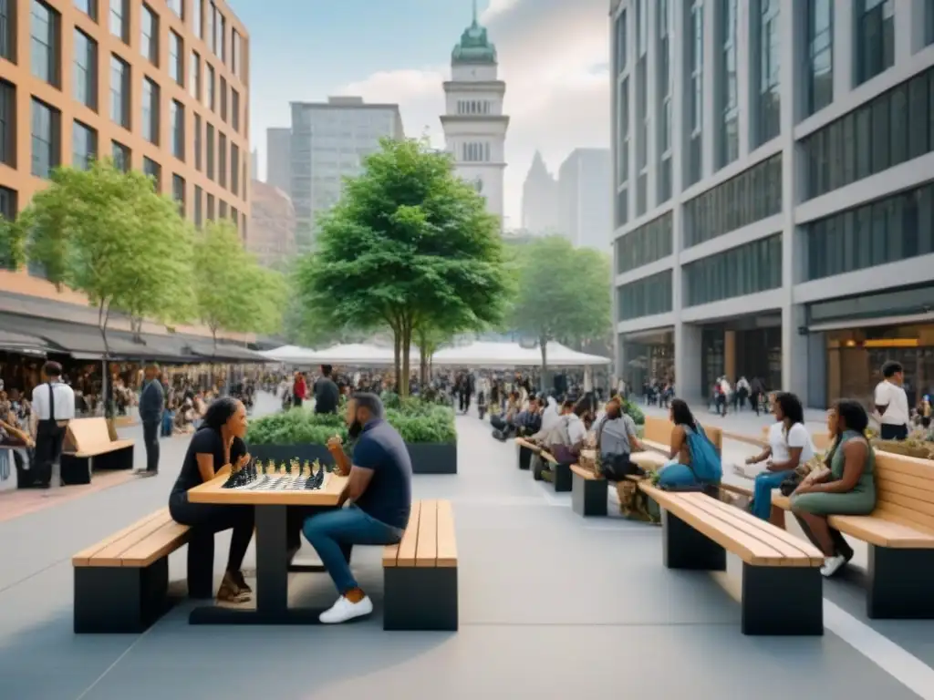 Plaza urbana vibrante: diversidad, interacción y sostenibilidad Un espacio público urbano vibrante y diverso donde la comunidad interactúa y prospera