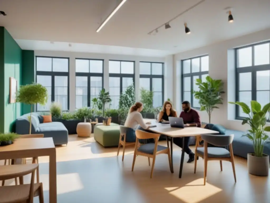 Coliving sostenible: comunidad y diseño moderno Un espacio de coliving sostenible con diseño moderno y elementos ecológicos