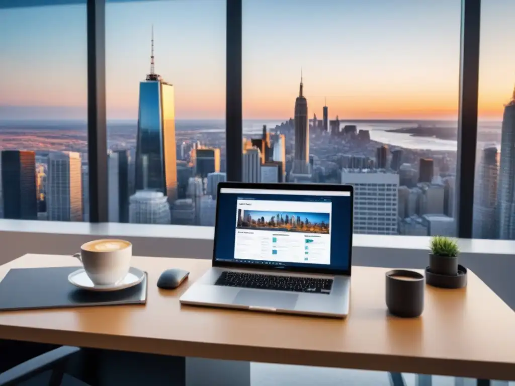 Oficina moderna con vista panorámica de la ciudad en crecimiento Un espacio de trabajo elegante con vista panorámica a la ciudad, simbolizando el crecimiento del mercado inmobiliario