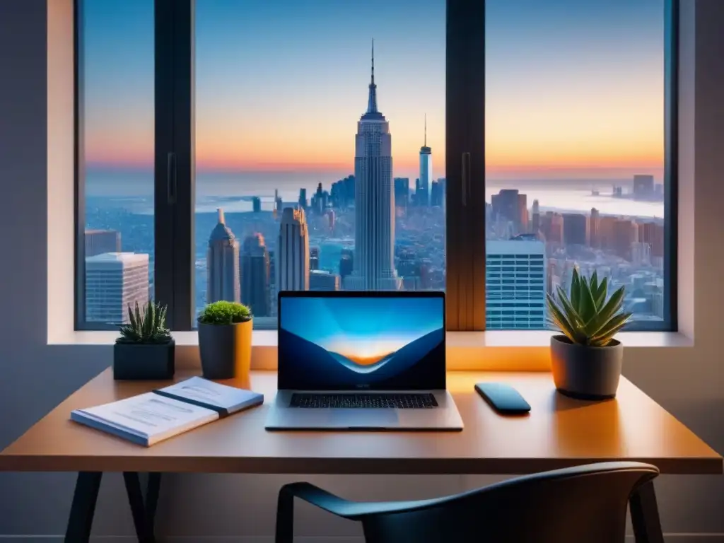 Oficina freelance de lujo con vista urbana y documentos Un espacio de trabajo freelance moderno con laptop, documentos organizados y vista a la ciudad