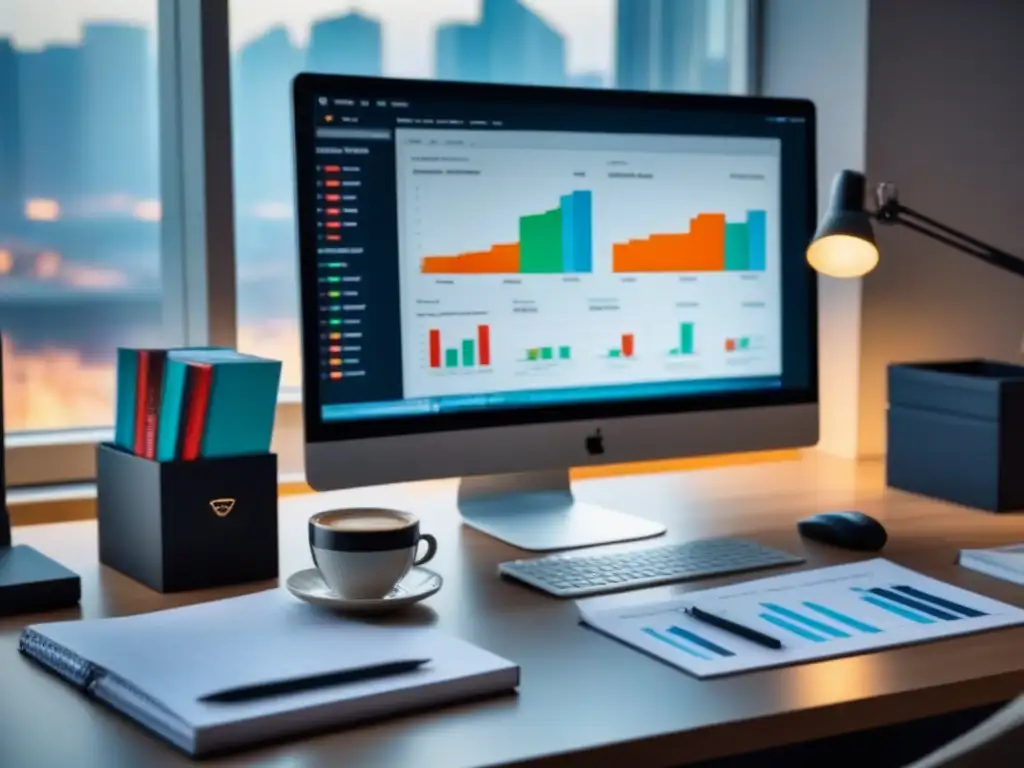 Oficina moderna con monitor de valoración inmobiliaria en tiempo real Un espacio de trabajo moderno con herramientas de valoración inmobiliaria en tiempo real, iluminado por luz natural