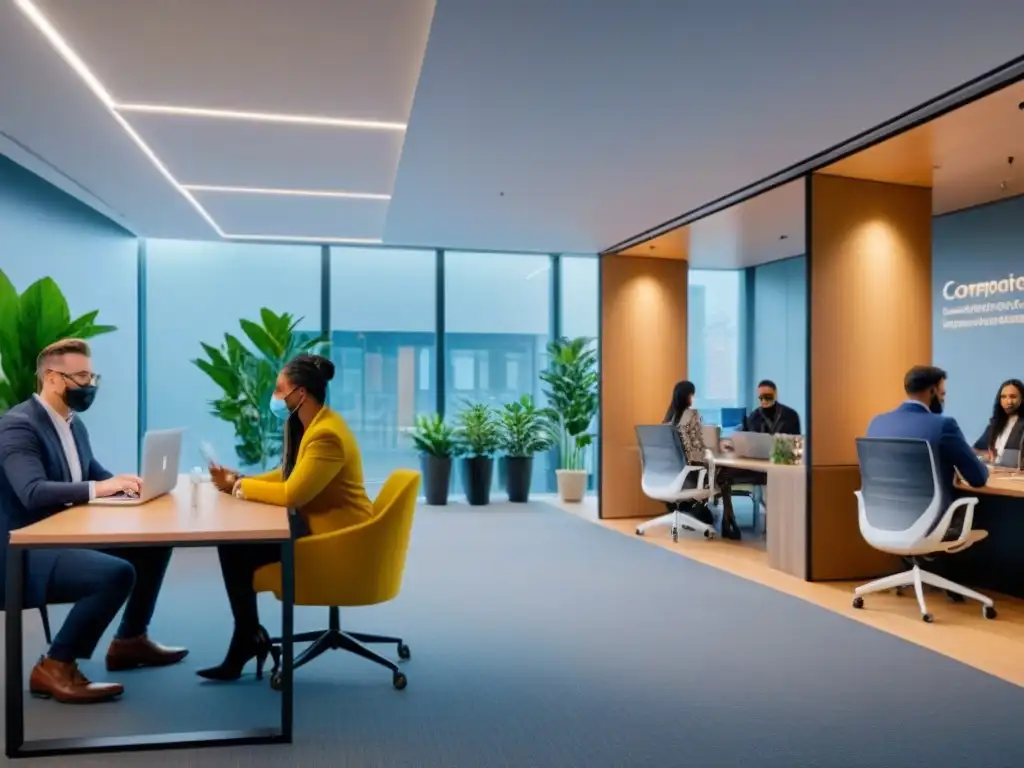 Innovación postCOVID: Espacio comercial moderno y diverso Espacios comerciales multifuncionales postCOVID: Un ambiente moderno y dinámico con diversidad de personas realizando actividades seguras