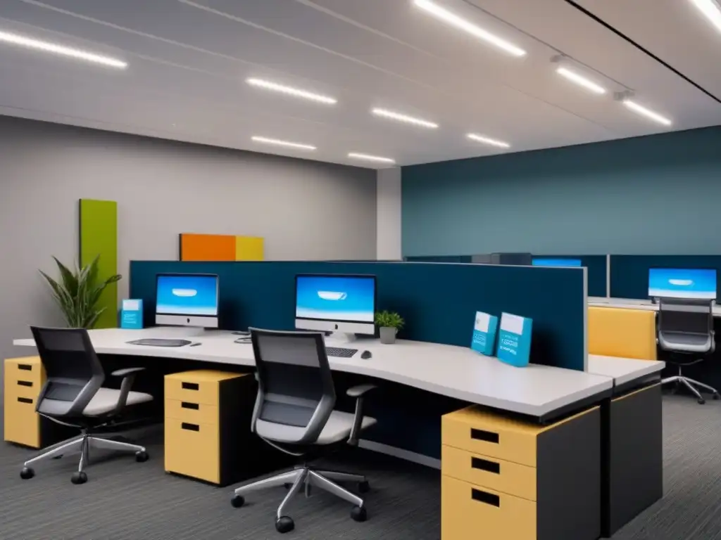 Oficina moderna y versátil con mobiliario flexible y tecnología inteligente Espacios comerciales multifuncionales postCOVID con mobiliario moderno y tecnología integrada para diversas actividades