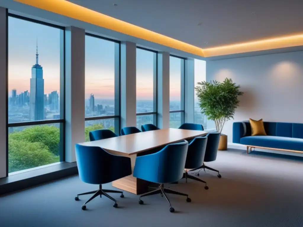 Sala multipropósito moderna con vista a la ciudad y diseño versátil Espacios multiuso diseño moderno con vista a la ciudad, muebles versátiles y plantas verdes